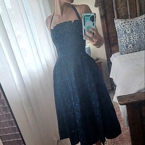 Vintage 50s Blue Embroidered Fit + Flare Halter Dress